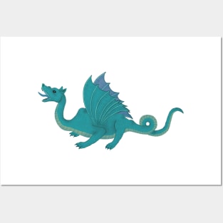 Blue Turquoise Dragon and Wing Pattern Posters and Art